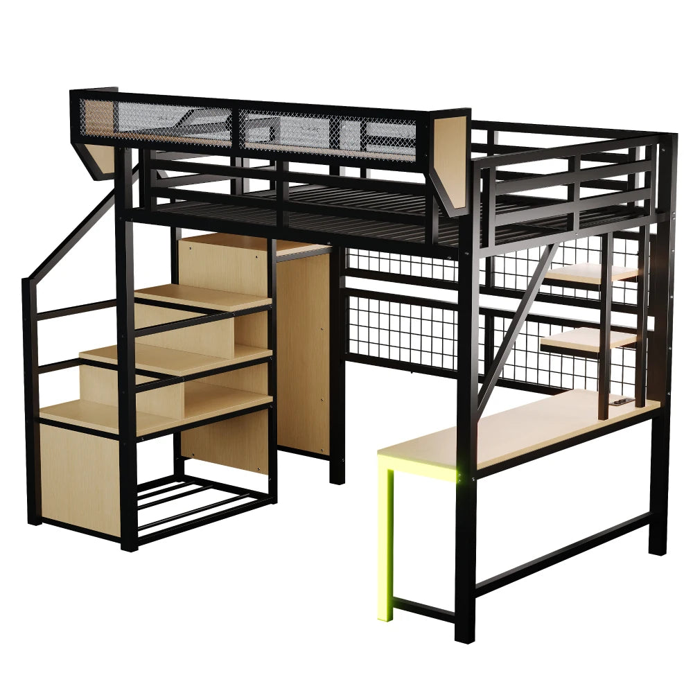 90×200cm & 140*200cm Metal High Bed, with Desk, Shelf and Storage Net, Complete with Safety Ladder, LED Lighting and Socket