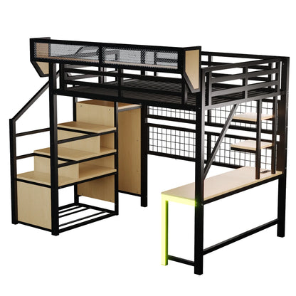90×200cm & 140*200cm Metal High Bed, with Desk, Shelf and Storage Net, Complete with Safety Ladder, LED Lighting and Socket