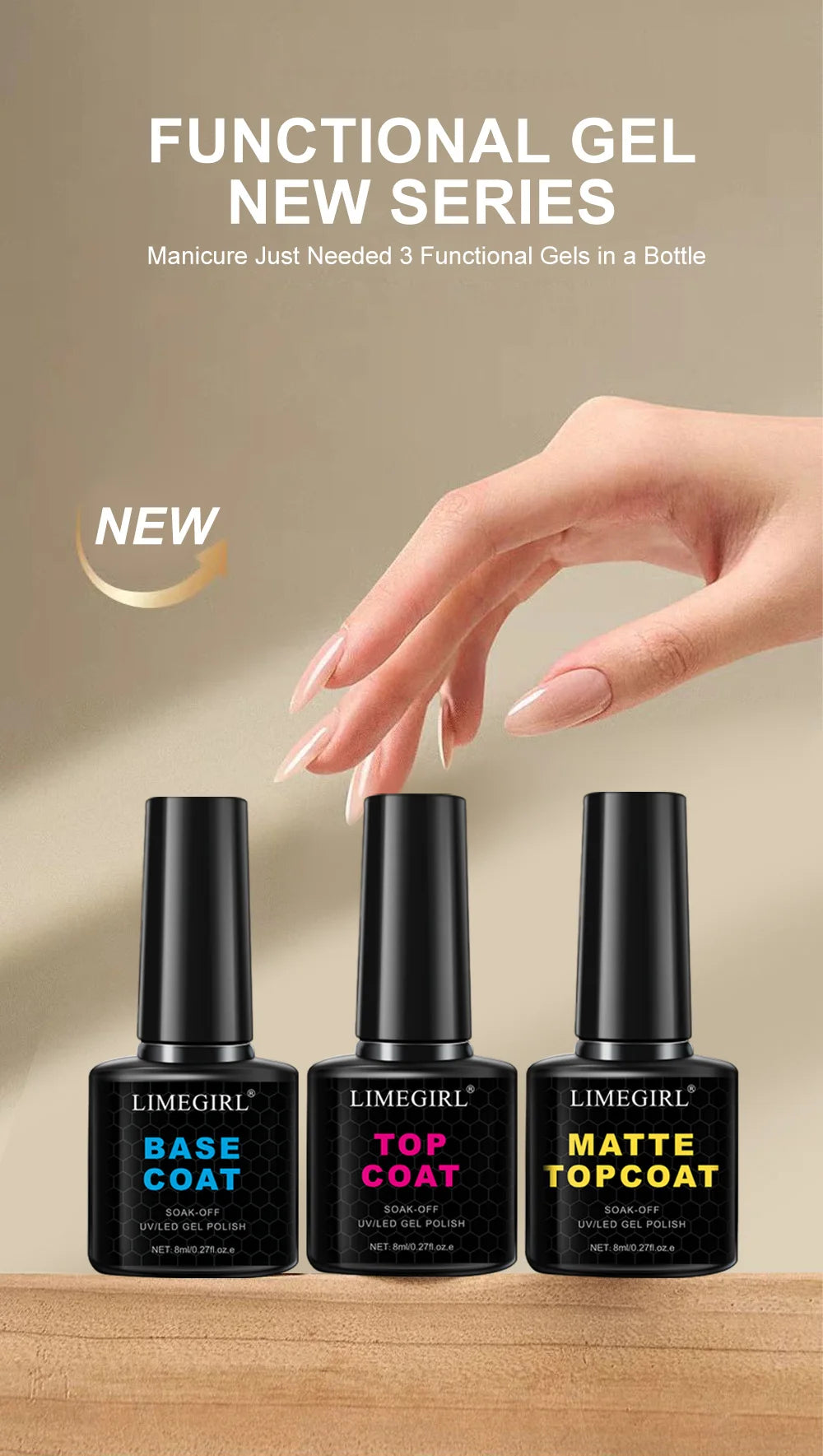 LIMEGIRL 8ml Soak Off Matte Top Base Coat for Nails UV Gel Polish Semi Permanent Functional Manicure Top Base Coat Varnish