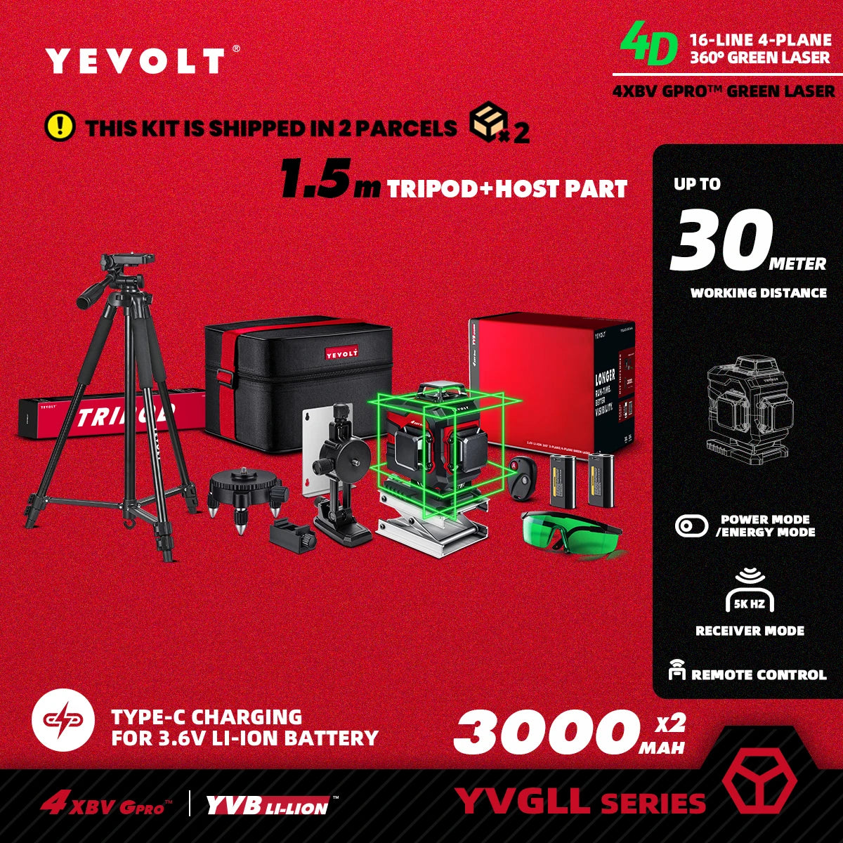 YEVOLT YVGLL4XS16 Grön Lasernivå – 4 Plan, 16 Linjer, Självnivellerande 360° 3D