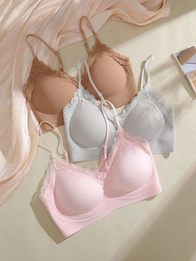 French Lace Bra V Neck Seamless Bra Women's Adjustable Thin Strap Wireless Thin Cup Layering Base Intimates Lingerie Solid S-XL