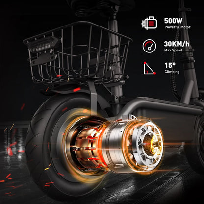 iScooter F2 hopfällbar elscooter med sits, korg och 10-tumsdäck