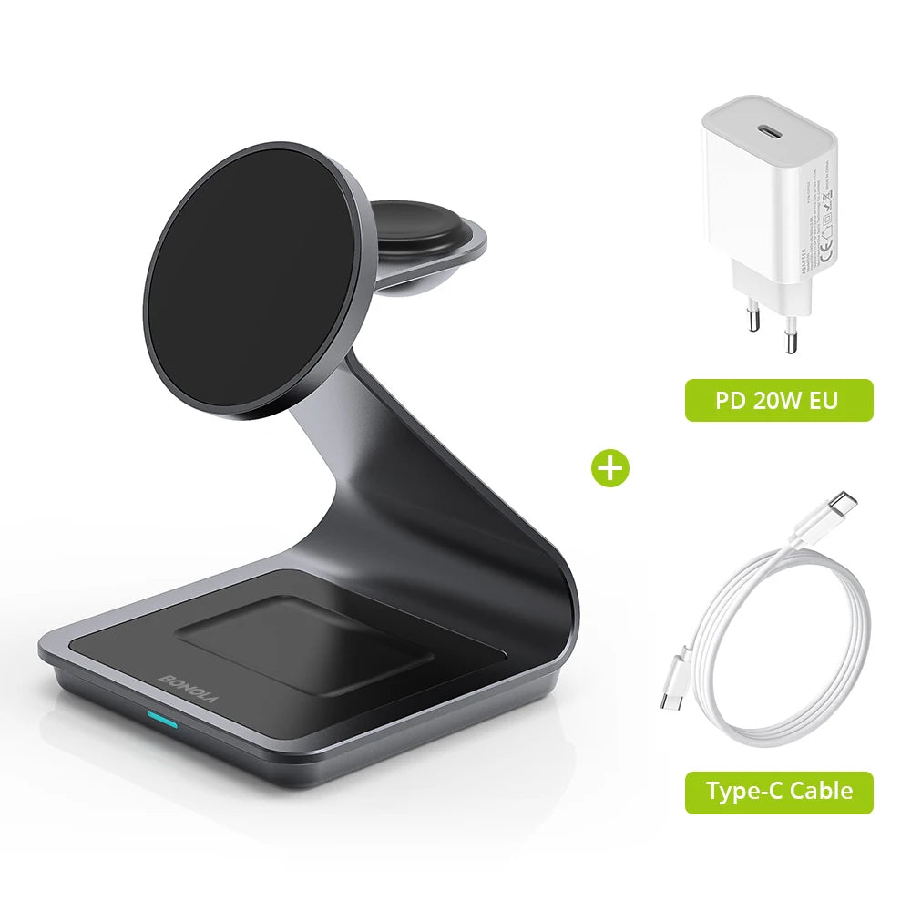 BONOLA 3-i-1 trådlös laddstation för iPhone, Apple Watch och AirPods