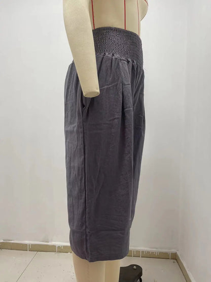 Summer 2024 Amazon Eurn women's cross-border cotton hemp seven waist pocket pocket pocket pocket wide leg pants woman