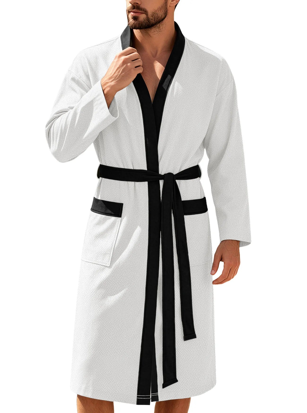 Men's Twill Fabric Long Bathrobe with Belt Design, Double Pockets, Casual Home Pajamas, Loose Fit, Hotel Resort Style, Nightwear