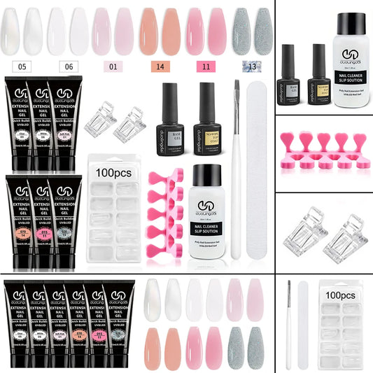 Poly Gel Förlängningsset med Rengöringsvätska, Bas- och Topplack, Nagelmall, Nagelklämma och Nagelpensel