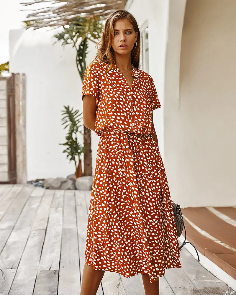 Vintage Blommig Boho Skjortklänning – Kortärmad, Lång, Nedvikt Krage, Skärp, 6 Färger, S–XL