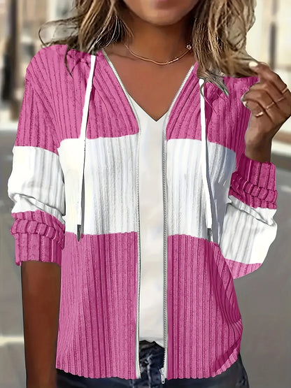 Women's Casual Color Block Hoodie Drawstring Zipper Jacket Streetwear Style with Pockets