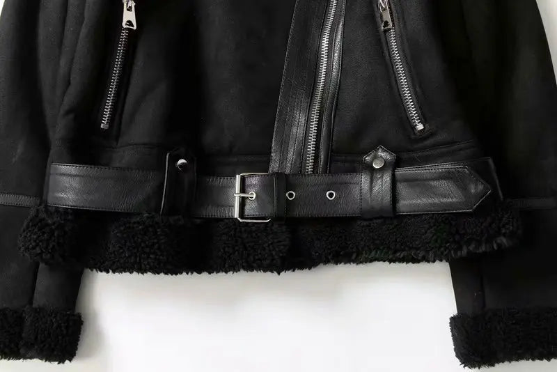 Varm Lammskinnsjacka Dam – Kort Motorcykelstil, Faux Shearling, Mocka, 2 Färger, XS–XL