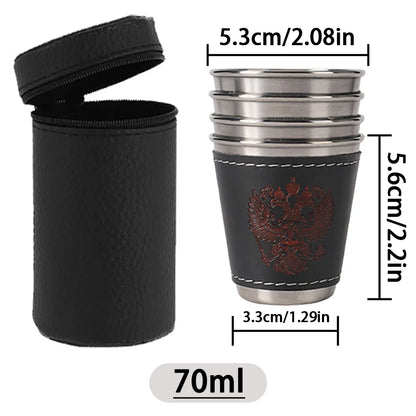 Rostfria Campingkoppar 4-pack med Läderfodral – 30/70/170ml, Kaffe, Vin & Whisky, Friluftsliv