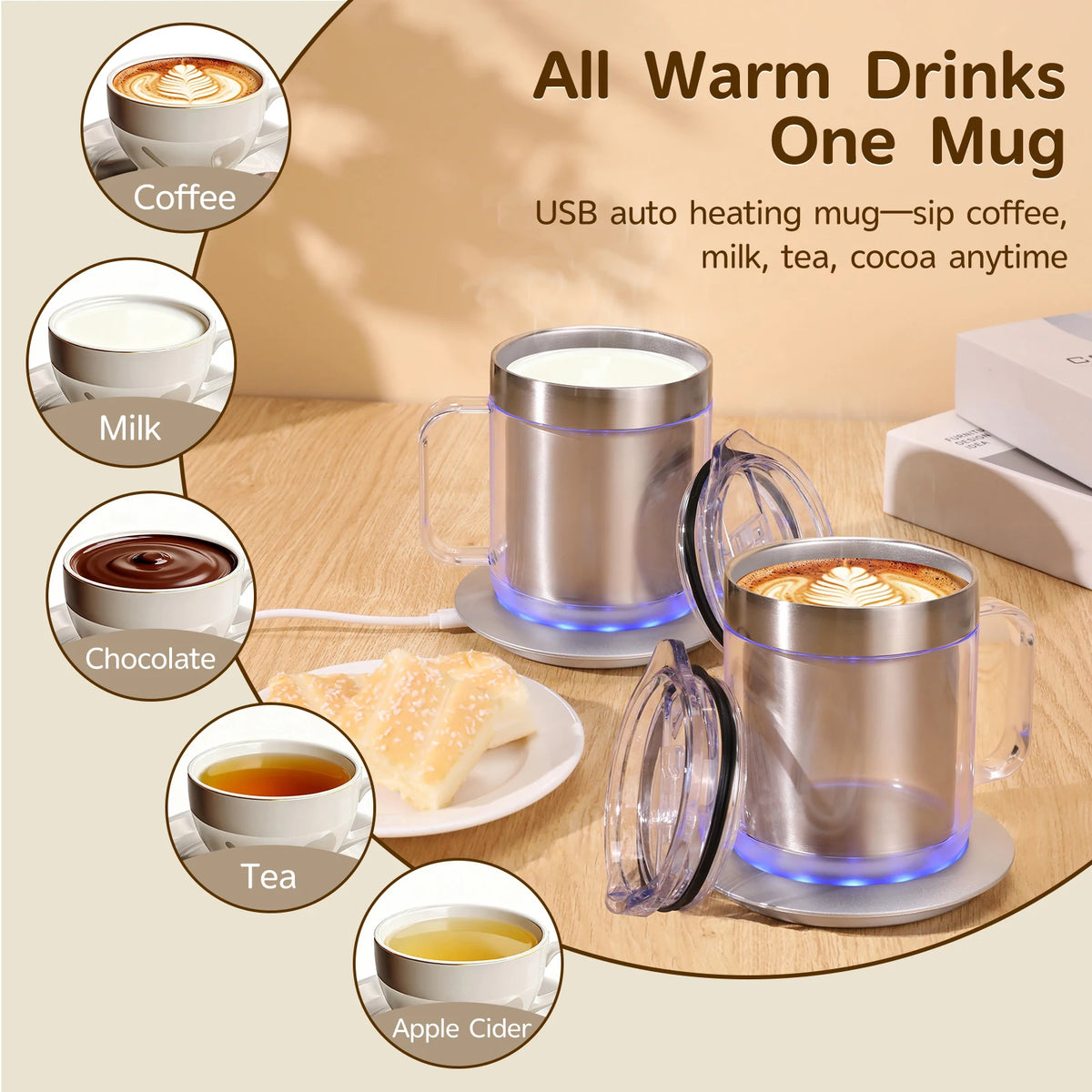 Self-Heating Coffee Cup Warmer Set 55°C(131°F) Thermostatic Heater Double Layer Food Grade 12oz Coffee Mug for Office Home Gifts