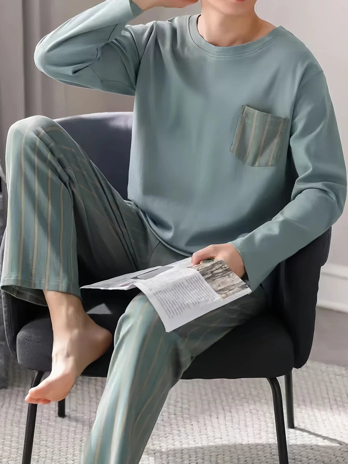 Casual Spring and Autumn Pajamas for Men, New Versatile Cardigan Long-Sleeved Long Pants Set, Simple and Stylish, Plus-Size Loungewear