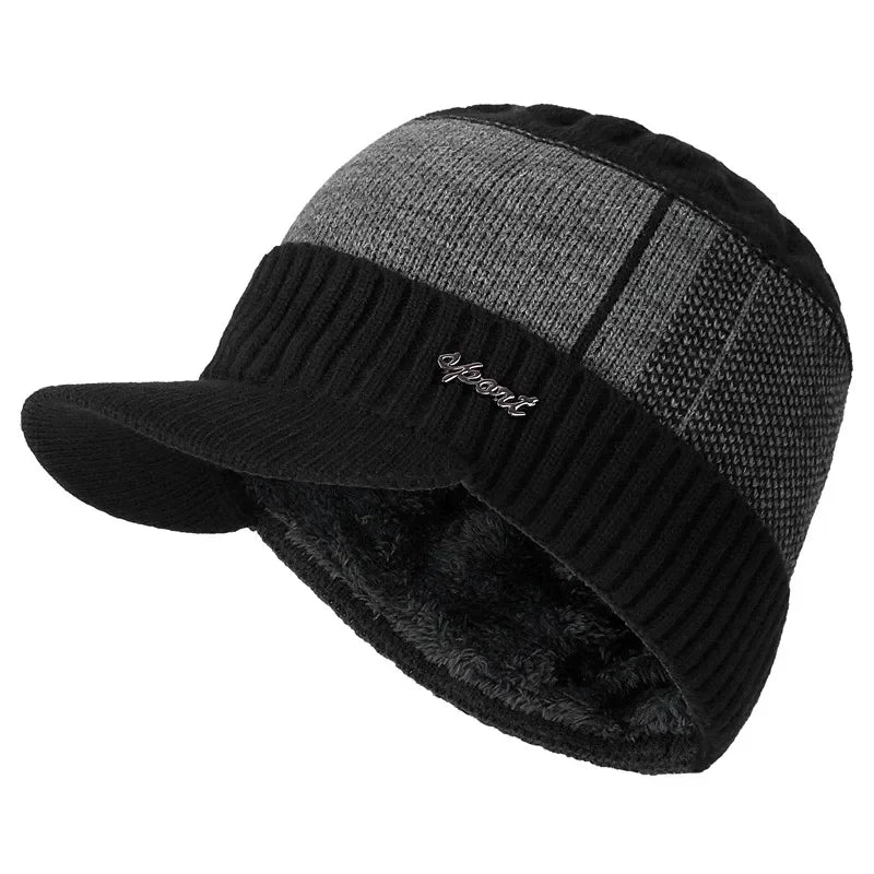 Hot Sale Unisex Warm Winter Hat With Brim Plush Fur Lined Knit Cap Sports Label Thicken Winter Hats For Men