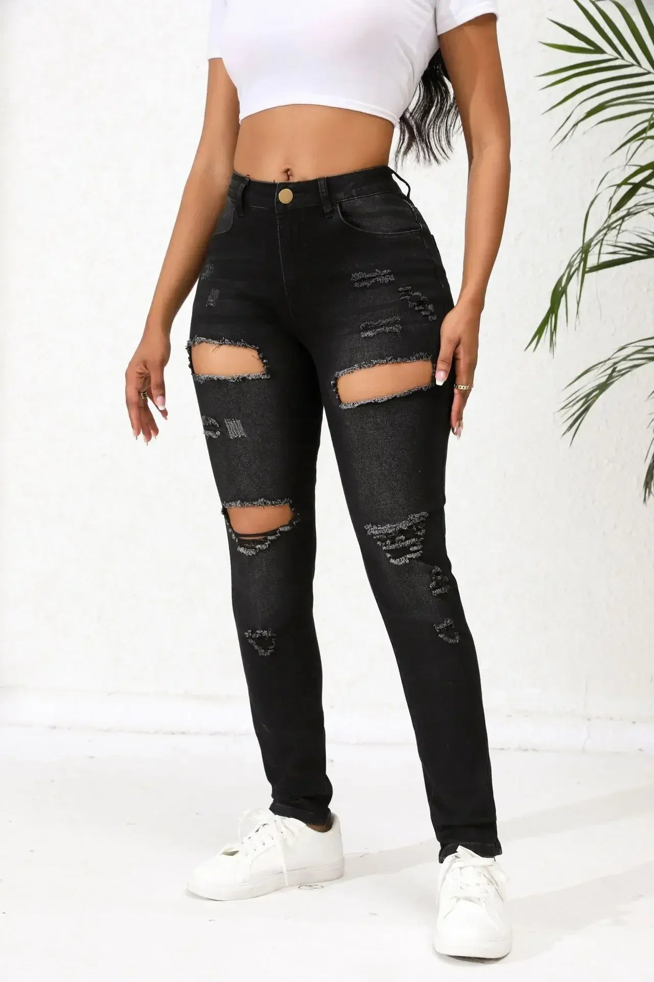 Women Jeans Denim Pockets Holes Pencil Pants High Waist Sexy Skinny Streetwear Solid Ankle Length Spliced Distressed Washing