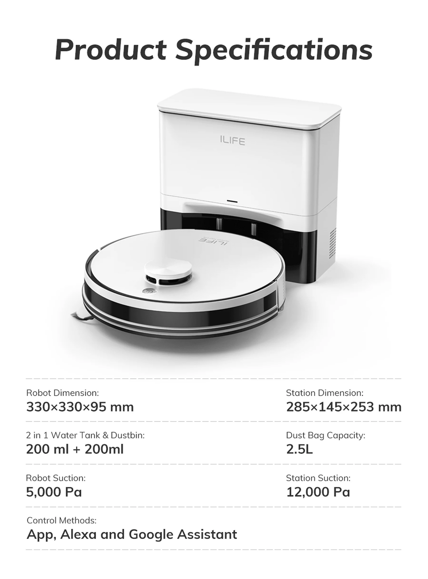 ILIFE A30 Pro Robot Vacuum Cleaner with Automatic Self-Emptying Station, 5000Pa Strong Suction, LDS Navigation, 180min Runtime, 2-in-1 Mop and Sweep, APP Control,  HomeFloor Carpet Clean