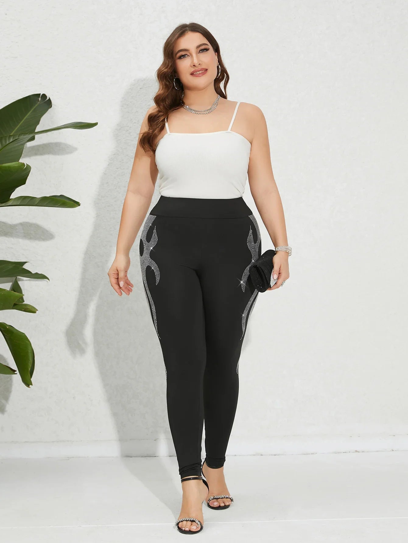Plus Size Women's Leggings Rhinestone Flame Design Knit Fabric High Elasticity Trousers Comfortable Stylish Female Bottoms