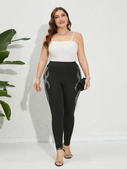 Plus Size Women's Leggings Rhinestone Flame Design Knit Fabric High Elasticity Trousers Comfortable Stylish Female Bottoms