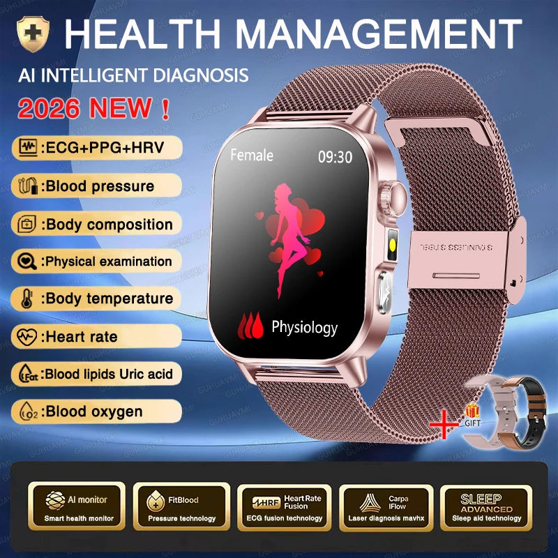 2026 ECG+PPG Daily Health Smart Watch Men Blood Fat Uric Acid Heart Rate Blood Oxygen Bluetooth Call Wellness Tracker Smartwatch