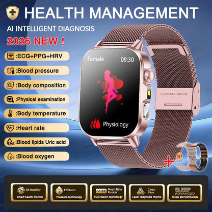 2026 ECG+PPG Daily Health Smart Watch Men Blood Fat Uric Acid Heart Rate Blood Oxygen Bluetooth Call Wellness Tracker Smartwatch