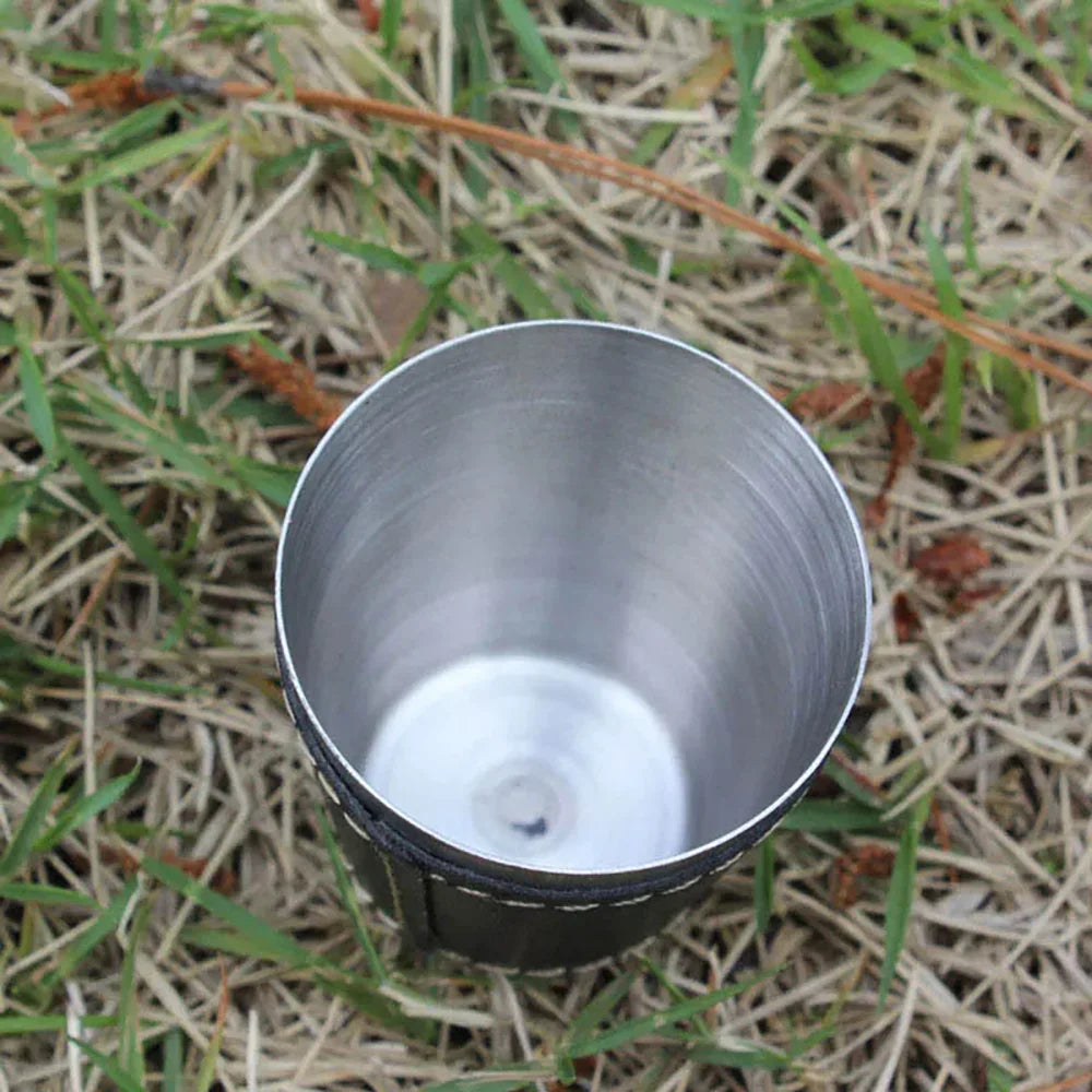 Rostfria Campingkoppar 4-pack med Läderfodral – 30/70/170ml, Kaffe, Vin & Whisky, Friluftsliv