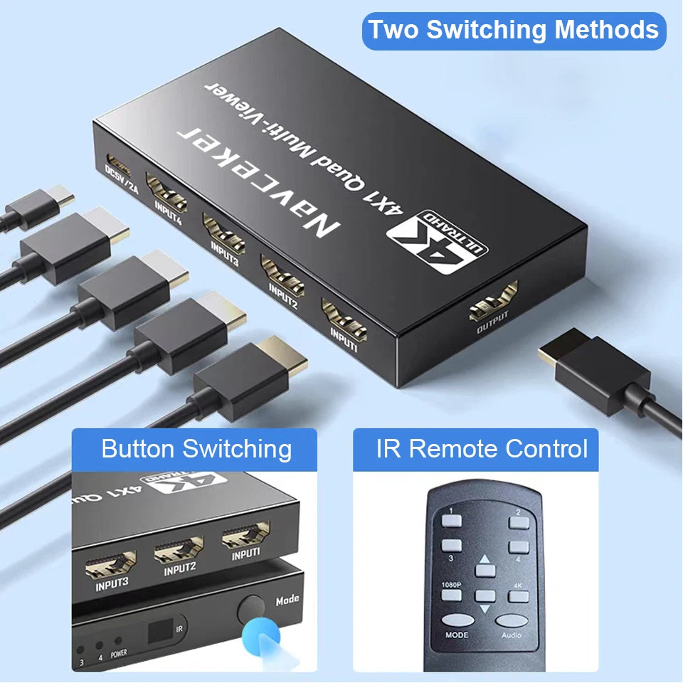 Navceker HDMI-multiviewer 4x1 med 9 visningslägen