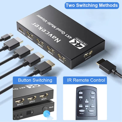 Navceker HDMI-multiviewer 4x1 med 9 visningslägen