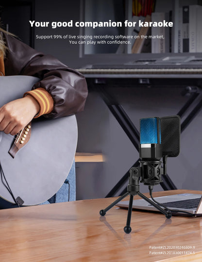 Gaming Microphone Professional Condenser Mic PC Laptop Computer Mike RGB USB Wired Studio Streaming Podcast Gamer Karaoke PC Kit