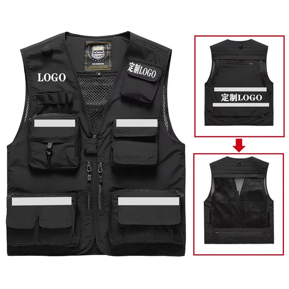 S-7XL Multi Pocket Work Vest for Men Women Volunteer Working Uniforms Logo Printing Fishing Photography Workwear Vest