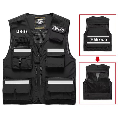 S-7XL Multi Pocket Work Vest for Men Women Volunteer Working Uniforms Logo Printing Fishing Photography Workwear Vest