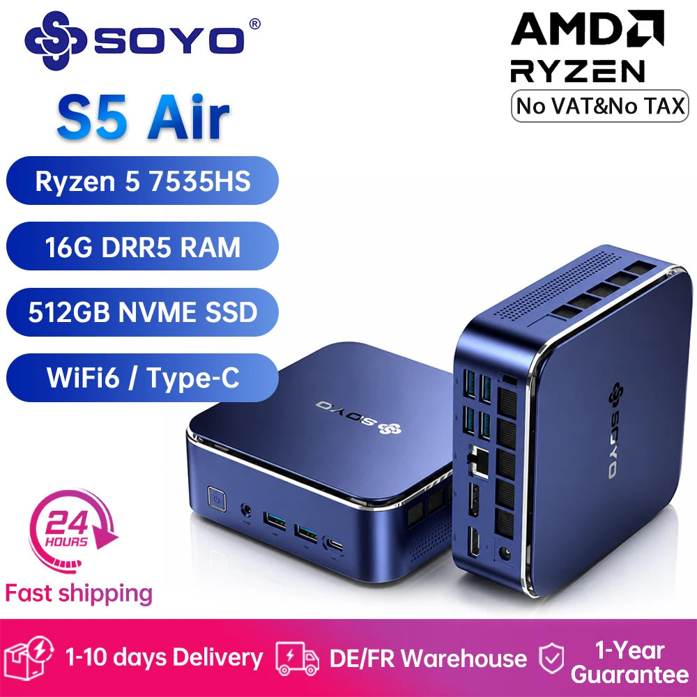 SOYO S5 Air mini-PC med Ryzen 5 7535HS, 16 GB RAM och 512 GB SSD