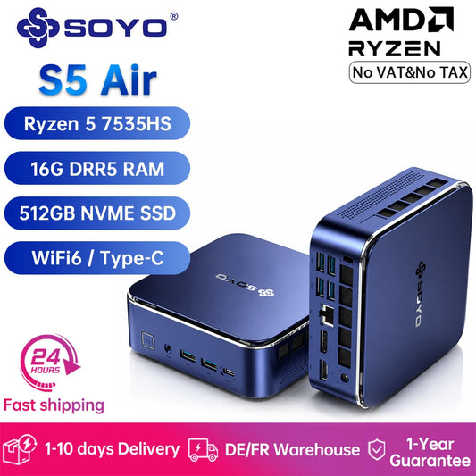 SOYO S5 Air mini-PC med Ryzen 5 7535HS, 16 GB RAM och 512 GB SSD