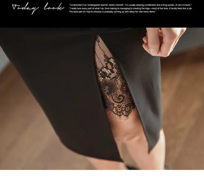 H Han Queen Hot Sale Elegant Fashion Lace Fold Split Pencil Dress Simple Series Dresses Women Korean Mid Office Casual Vestidos