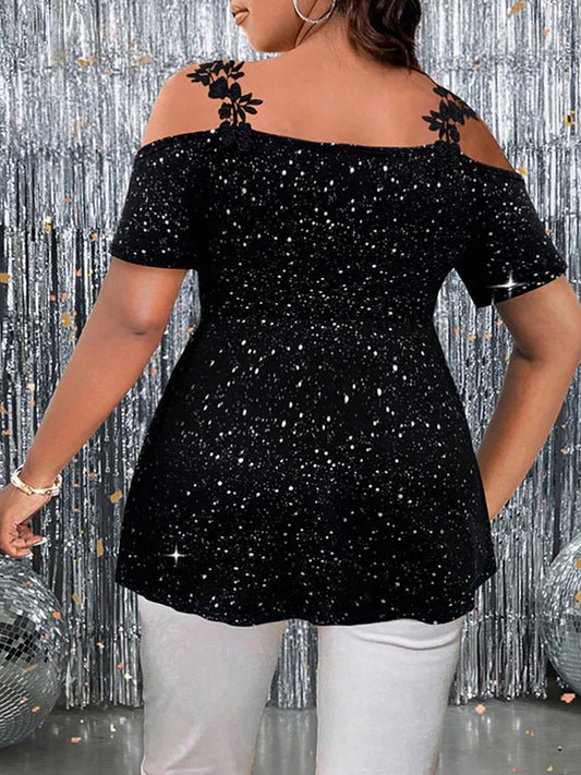 Dam Glitter Peplum Topp Stor Storlek 2026 – Cold Shoulder V-ringning Spets Festtopp Kvällsstil, 0XL–5XL