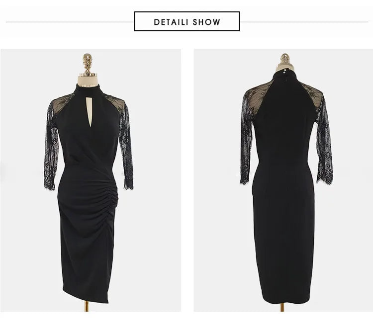 H Han Queen Hot Sale Elegant Fashion Lace Fold Split Pencil Dress Simple Series Dresses Women Korean Mid Office Casual Vestidos