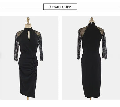 H Han Queen Hot Sale Elegant Fashion Lace Fold Split Pencil Dress Simple Series Dresses Women Korean Mid Office Casual Vestidos