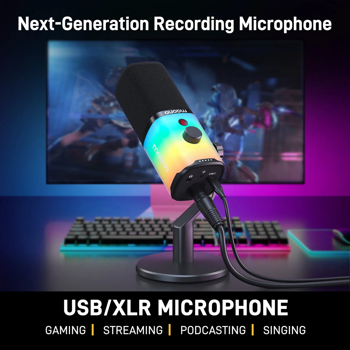 Maono PD100X RGB Gaming Microphone USB/XLR Dynamic Mic with Noise Reduction Mute Headphone Jack Mic for Gaming Streaming Podcast