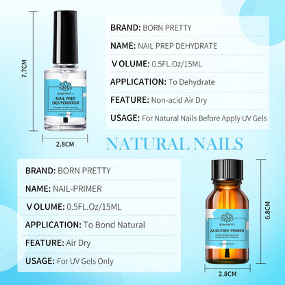 BORN PRETTY 2Pcs 15ml Nail Prep Dehydrator And ACID-FREE Primer Air Dry No Lamp Needed Nail Art Functional Gel Manicure Supplies