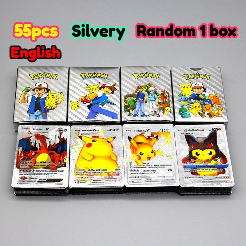 •55 pcs Pokemon Metal Gold Black Vmax GX Card Box Mewtwo Charizard Pikachu Rare Collection Battle Trainer Children Toys Gift