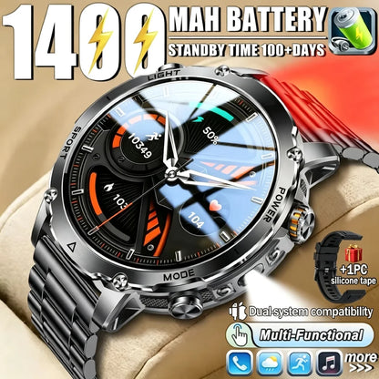 New 1400 mAh Battery Military Smartwatch Men IP68 Waterproof Flashlight Health Monitor Sports Call Smart Watch For iOS Android
