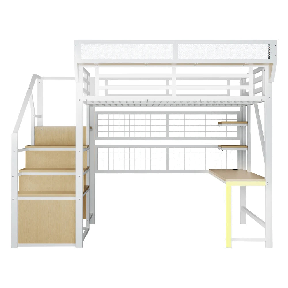 90×200cm & 140*200cm Metal High Bed, with Desk, Shelf and Storage Net, Complete with Safety Ladder, LED Lighting and Socket