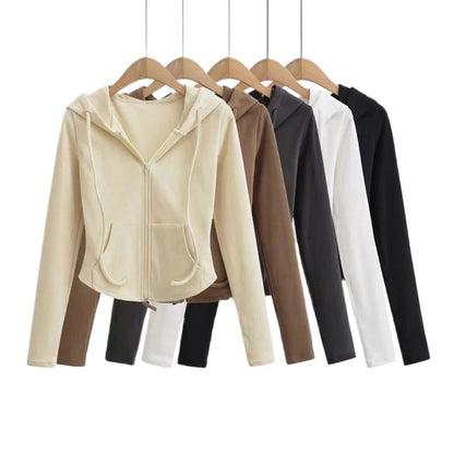 Cropped Hooded Zip-Up Jacket Women Autumn New Slim Long Sleeve Sweatshirts Female Solid Streetwear Sports Hoodies Ropa De Mujer