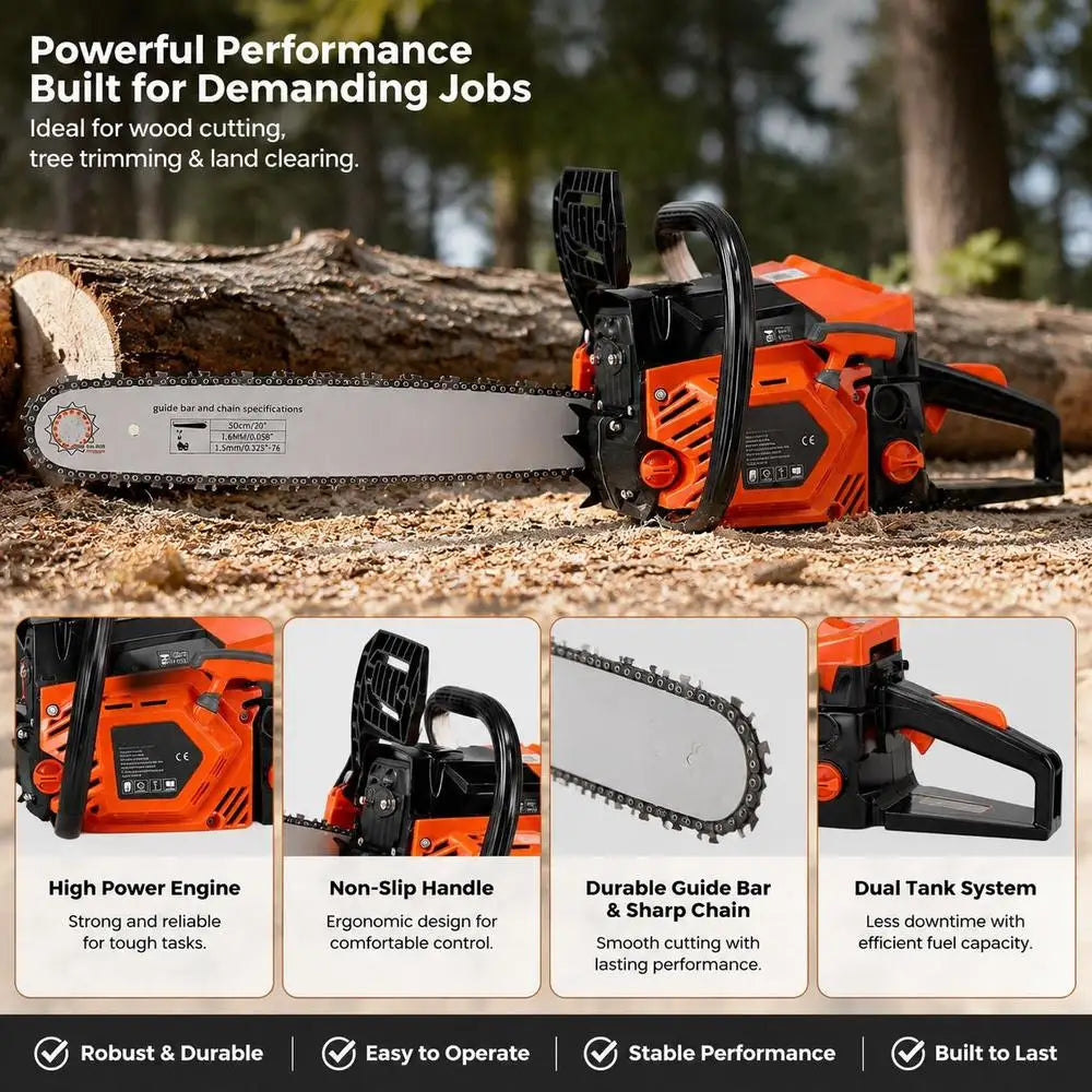 62Cc 2.7Kw Thermal Chainsaw 2-Stroke Gasoline Chain Saw for Wood Cutting, Pruning, Weeding, with 508mm Guide Bar, Throttle Synchronized Starter, Dual Tank