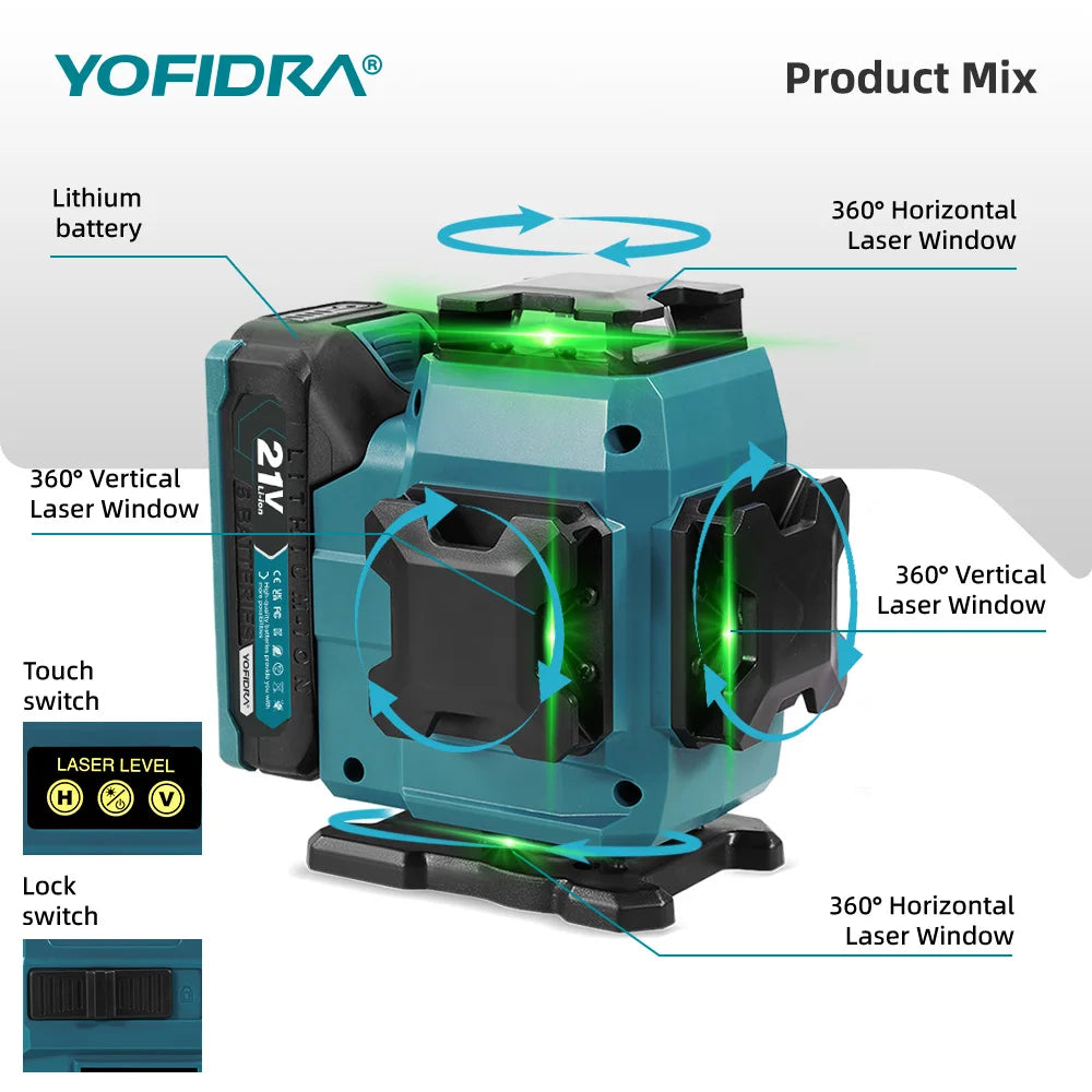 YOFIDRA 4D 16 Lines Laser Level Self-Leveling 360° Horizontal Vertical Leveling Tools With 1M Tripod For Makita 21V Battery Pin