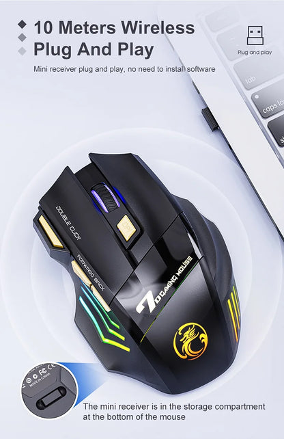 IMICE GW-X7 Wireless Gaming Mouse, 3200DPI Dual-Mode, 7 Programmable Keys, RGB Backlit Rechargeable