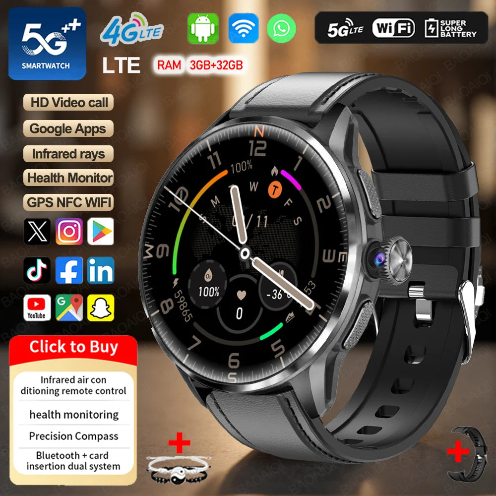 4G/3G Full Network Infrared Smart Watch 1.60 inch AMOLED Screen 800W Video Call  2100mAh Google Play WIFI GPS Compass Smartwatch