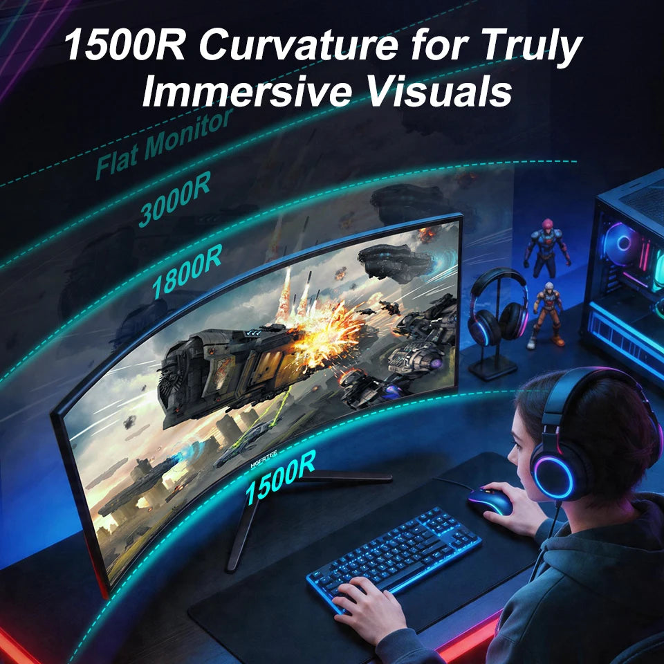 HGFRTEE B340Q Kurvig Gaming-skärm 34" WQHD – VA 3440x1440 165Hz 1500R 21:9 HDR 1ms Matt Yta HDMI