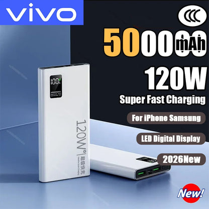VIVO 500000mAh Power Bank 120W Super Fast Charging Portable LED Digital Display External Power Bank for iPhone Samsung 2026New