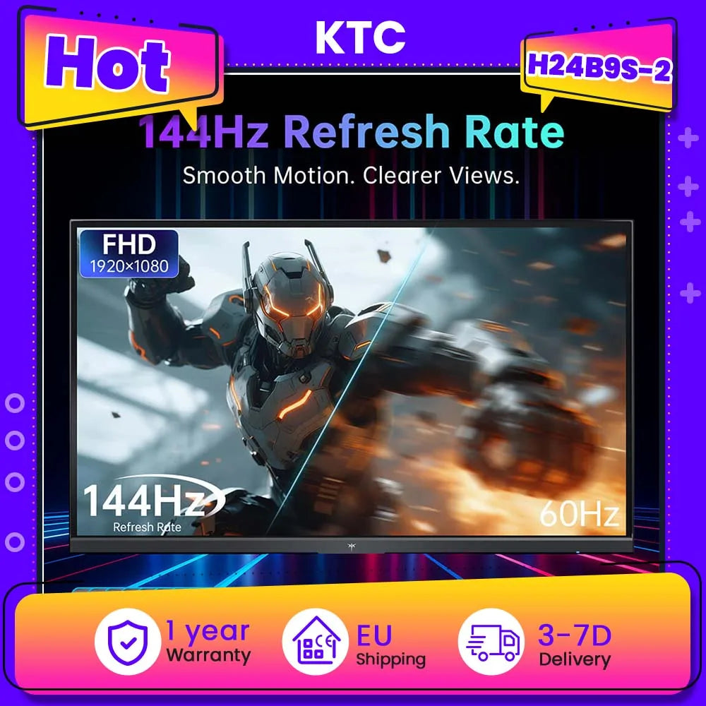 KTC H24B9S-2 23.8 Inch Full HD Gaming Monitor, IPS Display, 144Hz Smooth Refresh Rate, 113% SRGB, 178° Viewing Angle, Eye Care Technology, HDMI & VGA Ports, VESA Compatible, Monitor for Gaming, Work & Study