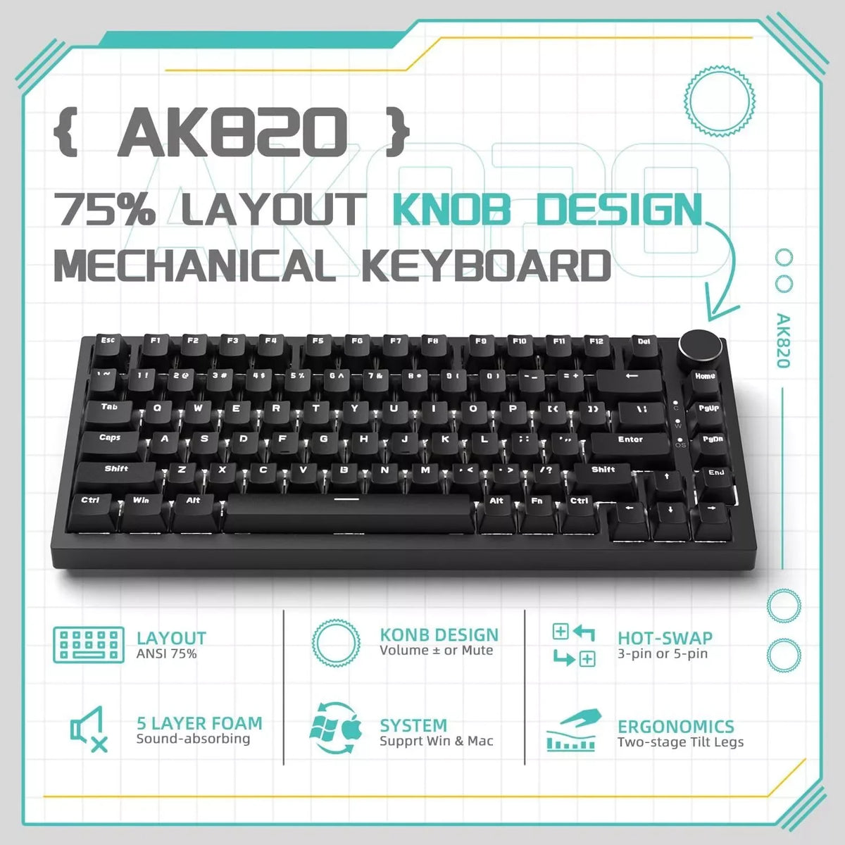 AJAZZ AK820 mekaniskt tangentbord – 75 % ANSI, volymvred och hot-swap