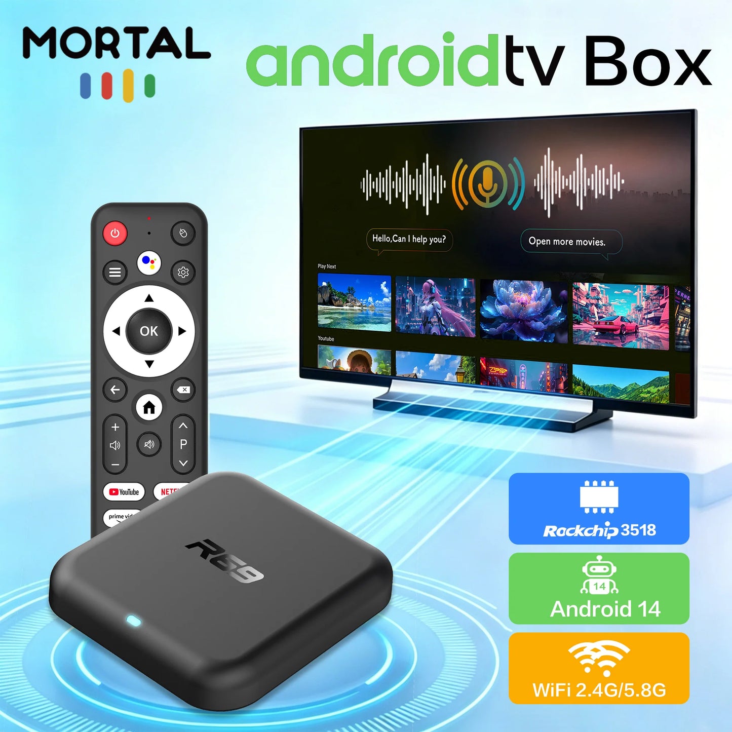 MORTAL Latest Smart TV Box R69-1 Android 14 RK3518 2GB 16GB Support 4K Decode Wireless BT5.0 Wifi6 Media Player